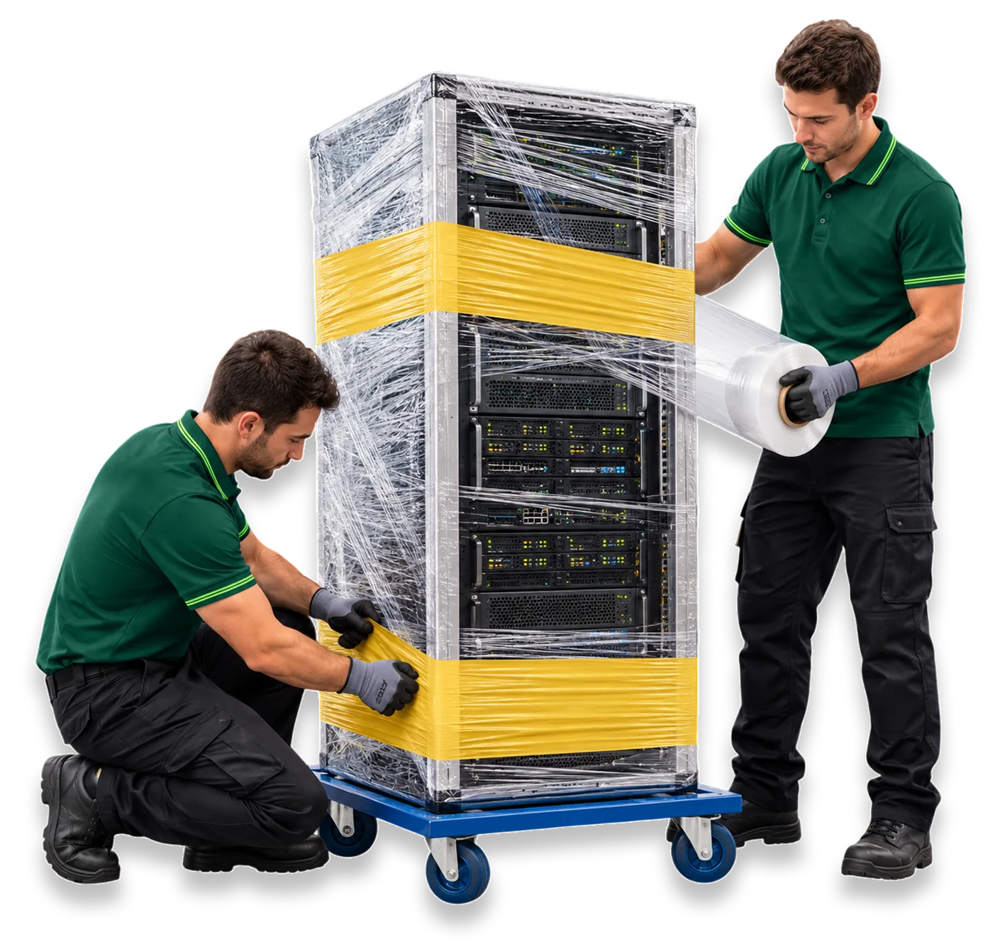 Professional relocation technicians handling precision data centre hardware and protective logistics
